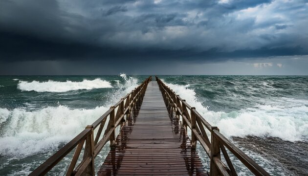 wooden pier extending into a stormy sea with large waves crashing