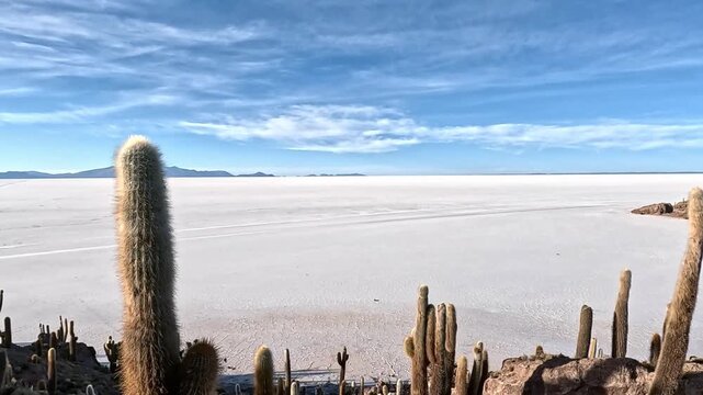 Magnificent panoramic view of the vast, white salar de uyuni salt flats from incahuasi island, populated by giant trichocereus cacti. Uyuni salt flats, bolivia