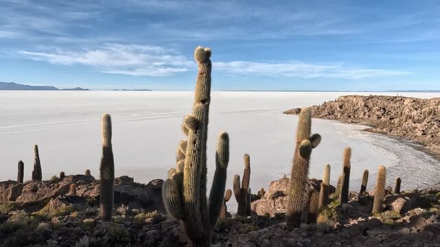 Surreal landscape panning across the isla incahuasi, revealing giant cacti and the vast, endless white salt flats of salar de uyuni. Uyuni salt flats, bolivia