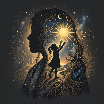Silhouette of child reaching for sun within woman's profile