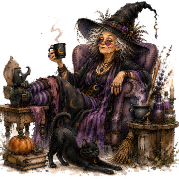 Sassy Old Witch Lounging with Feet Up Holding Coffee Mug and Stretching Black Cat