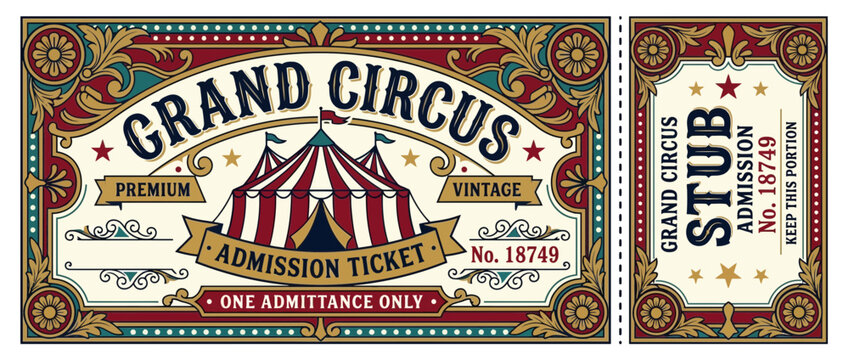 Vintage Grand Circus Admission Ticket with Tent and Stub