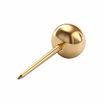 Metallic Gold Push Pin Thumbtack with Round Head isolated on transparent background.