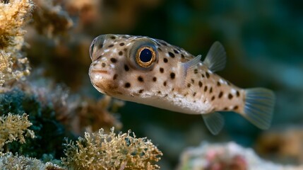 Fototapeta premium A spotted pufferfish swims gracefully near coral formations in clear underwater waters with soft natural lighting