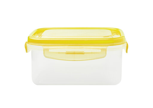 Rectangular plastic food container with yellow lid for storage.