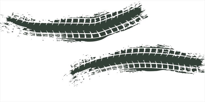 Tire tread marks, drift, motorsport, motocross, rally, tread mark with skid, grinding, splash effect. Graphic set of tire treads, wheel texture, car racing. Vector collection, wheel treads on asphalt
