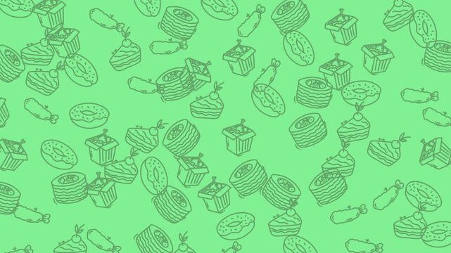 Seamless pattern with hand drawn food icons on a light green background.