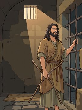 John baptist standing behind iron prison cell bars holding wooden staffs vector-style dim dungeon.