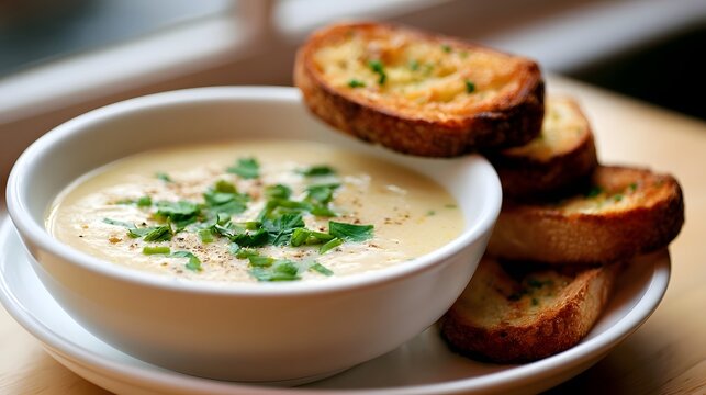 A creamy soup garnished with fresh herbs and black pepper served with golden garlic bread on a wooden table near a window