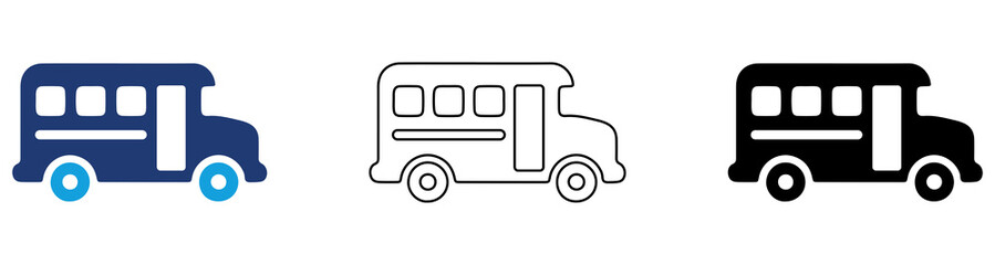 Multicolor School Bus Icon Set with Filled and Outline Styles for Student Transportation Education School Travel Public Transit and Vehicle Services Isolated on Transparent Background © Kasmiri