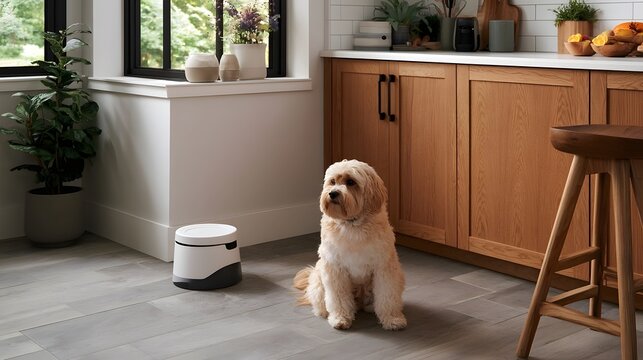 A fluffy dog sits calmly on a tiled floor beside a modern pet feeder near wooden cabinets and large