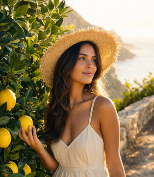 Beautiful woman wearing a straw hat touches a ripe lemon on a lush tree along a coastal cliff. Bathed in golden sunlight, the scene captures an idyllic Mediterranean summer evening overlooking the sea
