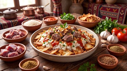 Obraz premium Traditional Egyptian Lamb Fatteh Served with Crispy Bread, Rice, and Fresh Ingredients on Wooden Table