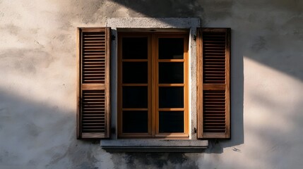 Fototapeta premium A rustic wooden window framed by shutters set into a textured stucco wall under warm sunlight casting soft shadows