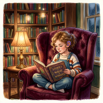 Young girl with hearing aid reading in armchair.
