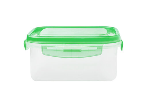 Rectangular plastic food container with green lid for storage.