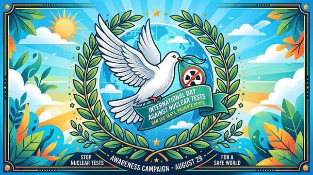 White dove carrying anti-nuclear banner with laurel
