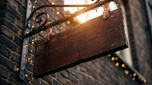 Blank wooden sign hangs from ornate metal bracket on brick wall illuminated by warm sunlight and decorative fairy string lights at night.