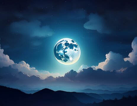 bright full moon in dark night sky glowing lunar orb behind thin clouds at midnight