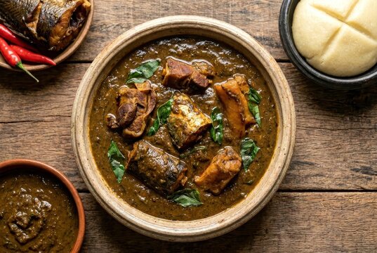 Traditional Nigerian Ogbono Draw Soup Served with Fufu and Fish on Wooden Background