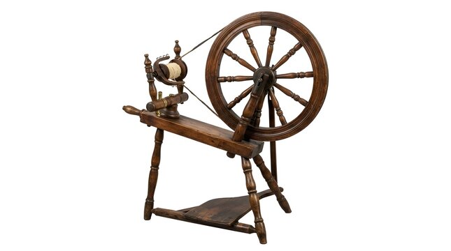 An antique wooden spinning wheel with a large wheel and a spindle. The spinning wheel is an old piece of equipment used for spinning thread or yarn.