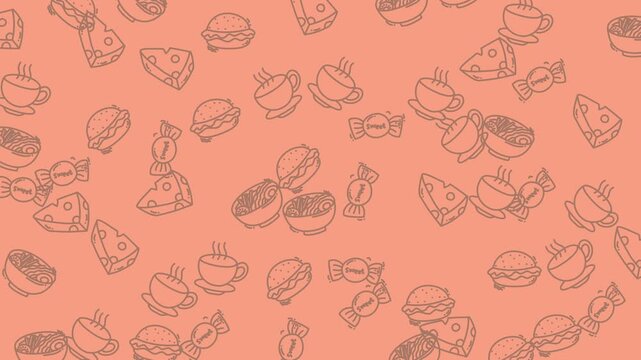 Seamless pattern background with various hand drawn food and drink icons on a soft coral color.