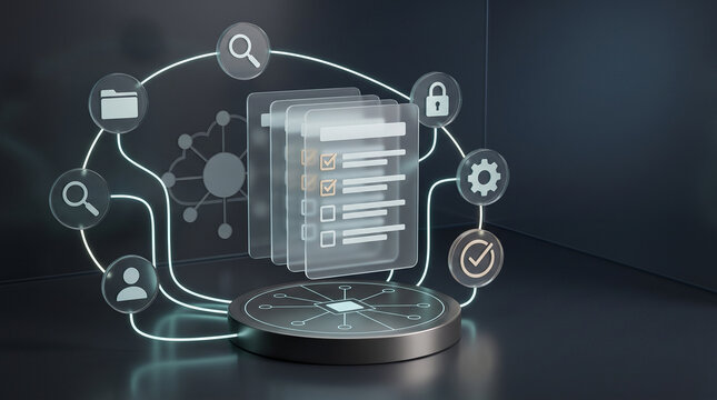 Secure cloud document management system featuring glowing digital files connected to central server and security icons