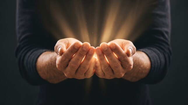 Close up of male hands holding bright glowing light energy, symbolizing hope, inspiration, creativity, magic power or spiritual enlightenment, warm atmosphere with dark and soft