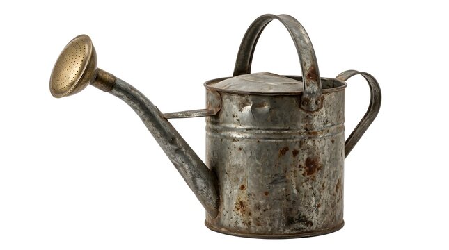 An old, weathered metal watering can with a spouted nozzle and a handle, sitting alone
