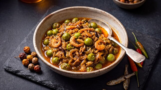 Traditional Ivorian Gnangnan Stew with Bitter Eggplant and Dried Shrimp on Dark Slate Background