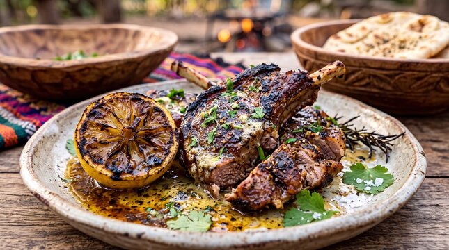 Traditional Republic of the Congo Mechoui grilled goat meat with charred lemon butter on a rustic plate