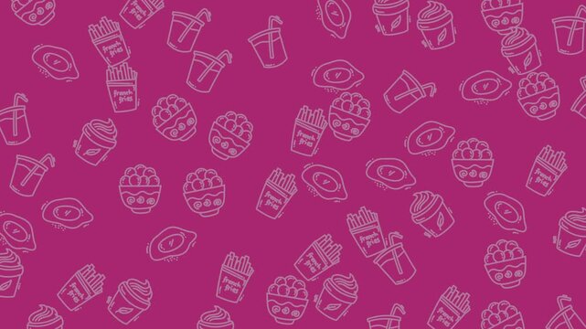 Seamless pattern with fast food icons on a vibrant magenta background.
