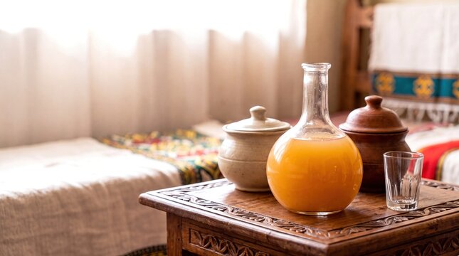 Traditional Ethiopian Tej Honey Wine Served in a Berele on a Carved Wooden Table