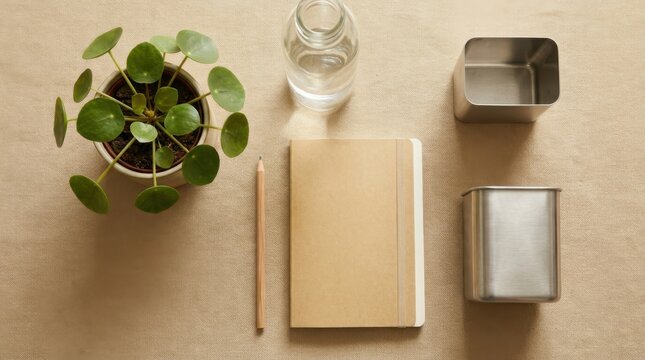 Top view of flat lay workspace featuring potted pilea plant with kraft paper notebook and metal containers on textured neutral surface.