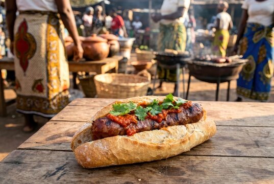 Mozambican Pao com Chourico Grilled Sausage Sandwich Served on Wooden Table in Outdoor Market