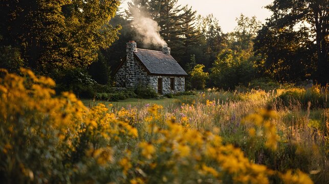 Rustic stone cottage nestled within a golden wildflower meadow at sunset during late summer evening with vibrant yellow wildflowers cottage rising chimney