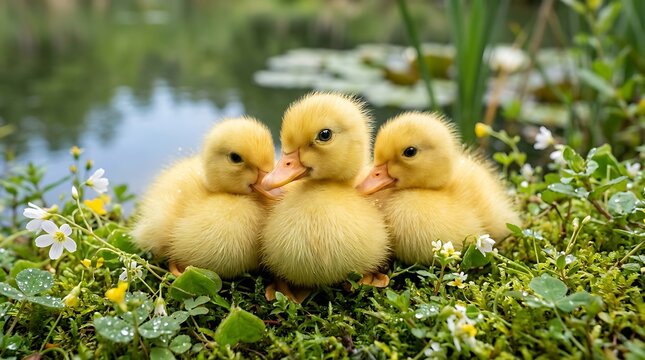 Three Cute Yellow Ducklings Resting on Green Grass by Pond