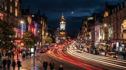 Naklejka premium City street at night with colorful light trails from passing cars and illuminated buildings