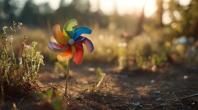 Colorful rainbow pinwheel toy standing alone within golden hour sunlight over a grassy meadow field with captures vibrant multi pinwheel staked dry