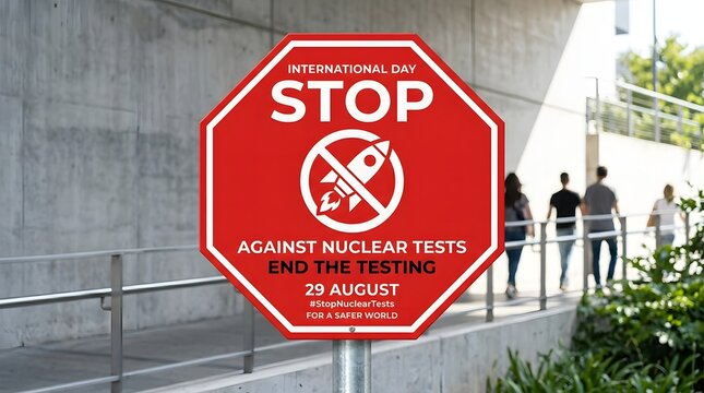 Stop nuclear tests protest sign on sidewalk