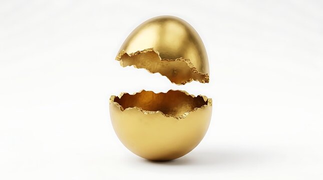 Broken golden egg shell floating in the air