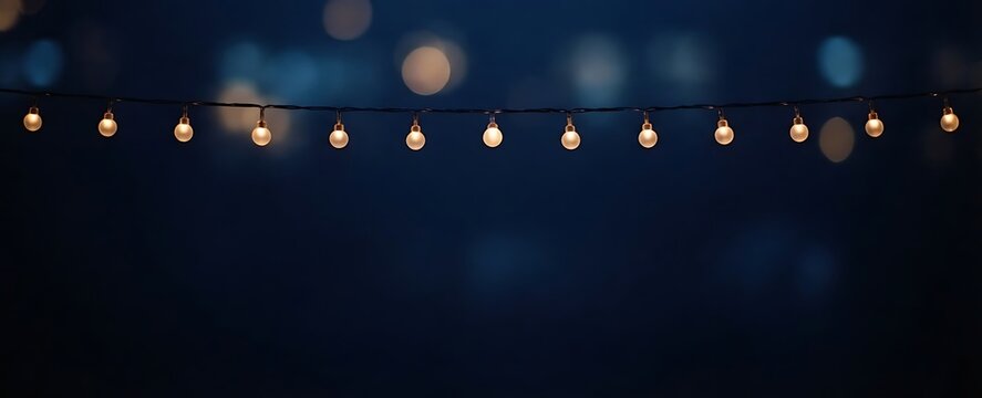 Glowing string lights hanging against a dark blue background