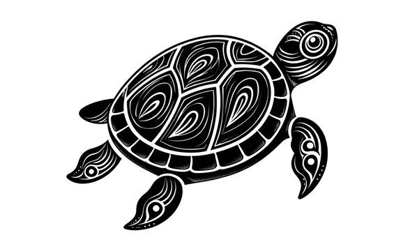 Detailed black and white sea turtle vector illustration in tribal style