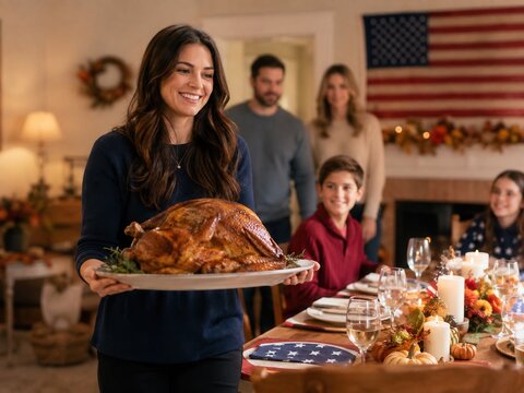 Frau tr&auml;gt einen frisch gebratenen Thanksgiving-Truthahn zum festlich gedeckten Tisch, w&auml;hrend Familie im Hintergrund wartet und die Feier stimmungsvoll beginnt.