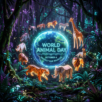 World Animal Day glowing jungle wildlife concept.