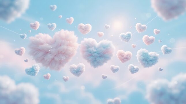 Fluffy heart shaped clouds floating in a soft blue sky