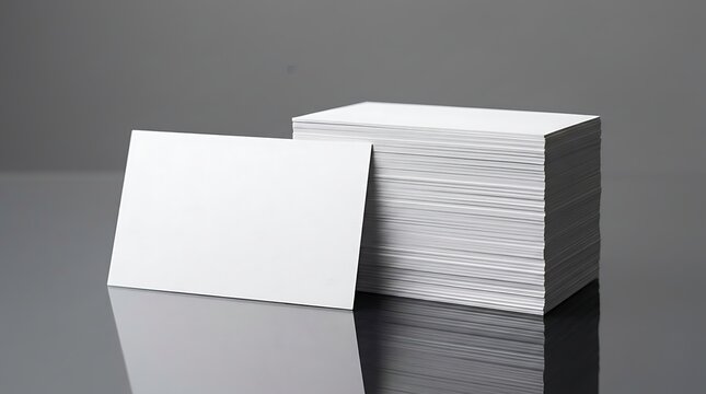 Stack of blank white business cards on grey surface