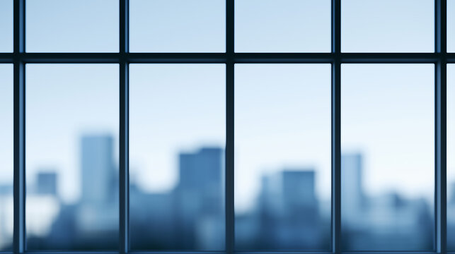 Blurred blue-toned city skyline silhouette seen through dark window panes.