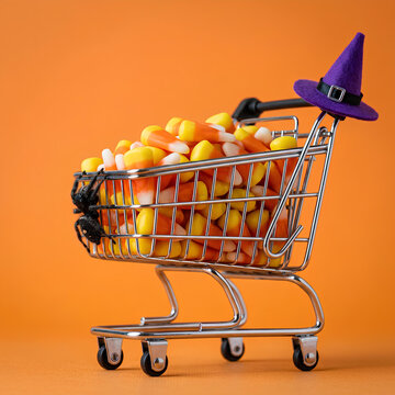 Shopping cart filled with candy corn and witch hat.