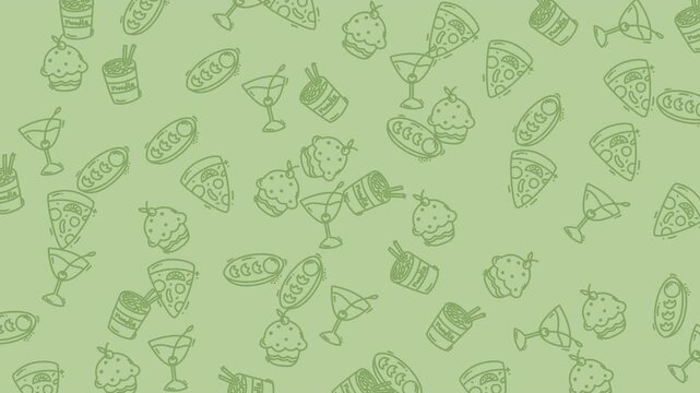 Seamless pattern with hand drawn food and drink icons on a light green background.